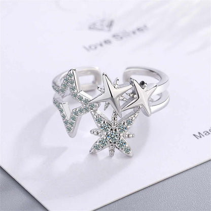 Cubic Zirconia & Silvertone Star Open Layered Ring