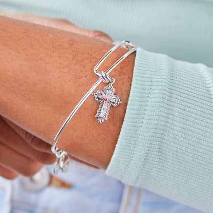 Floral Cross Charm Bangle Bracelet