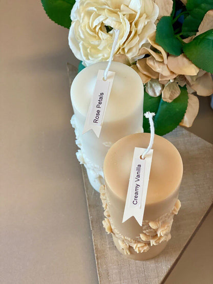 Soy Wax Floral Pillar Candle – Handcrafted and Long-Lasting Scent