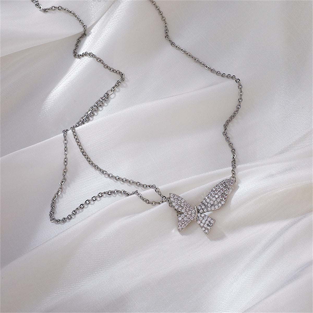 Cubic Zirconia & Silvertone Pavé Butterfly Choker Necklace