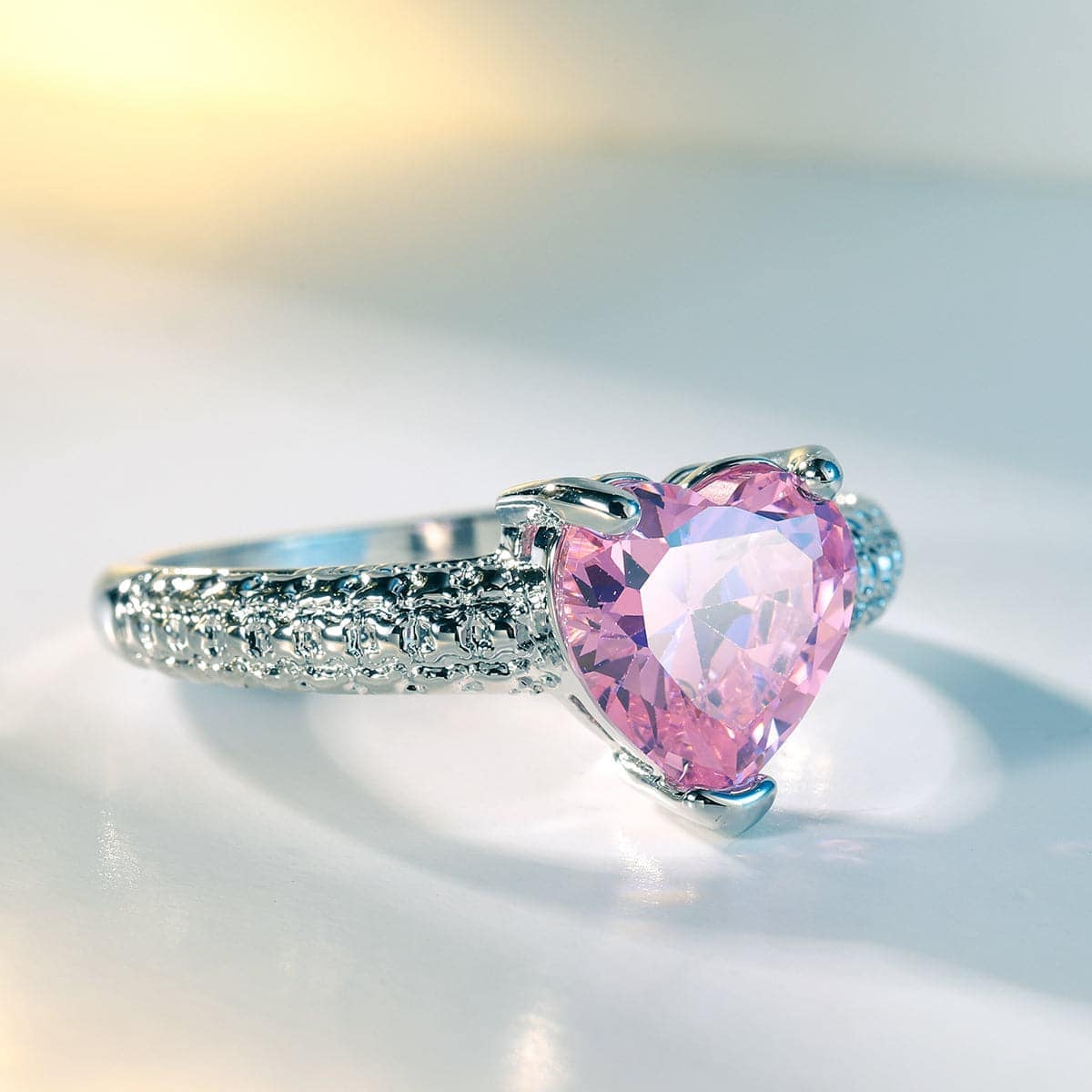 Pink Crystal & Silvertone Heart Ring-6