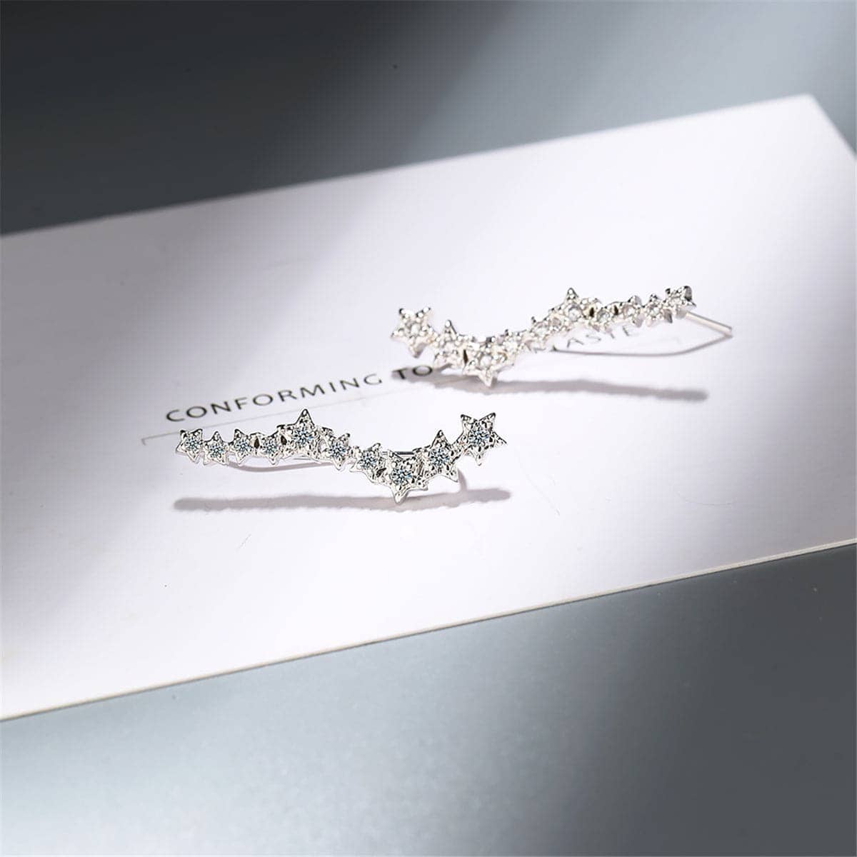 Cubic Zirconia & Silvertone Linking Star Ear Climbers-1