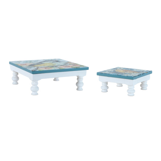 Melrose International Wooden Floral Bird Pedestal Tray (Set of 2)