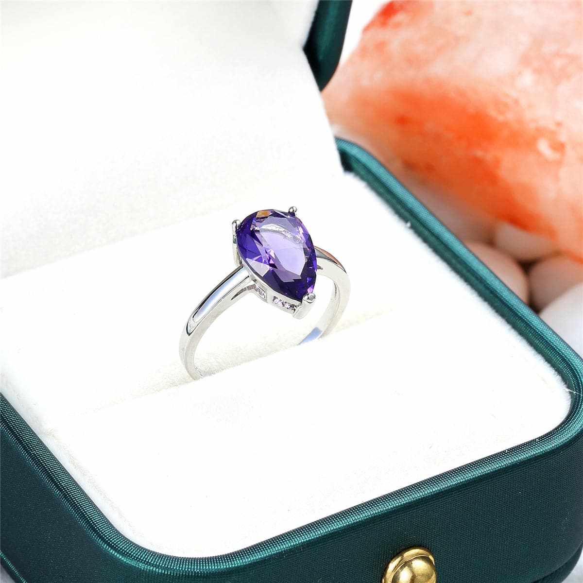 Purple Crystal & Silvertone Pear-Cut Ring-7