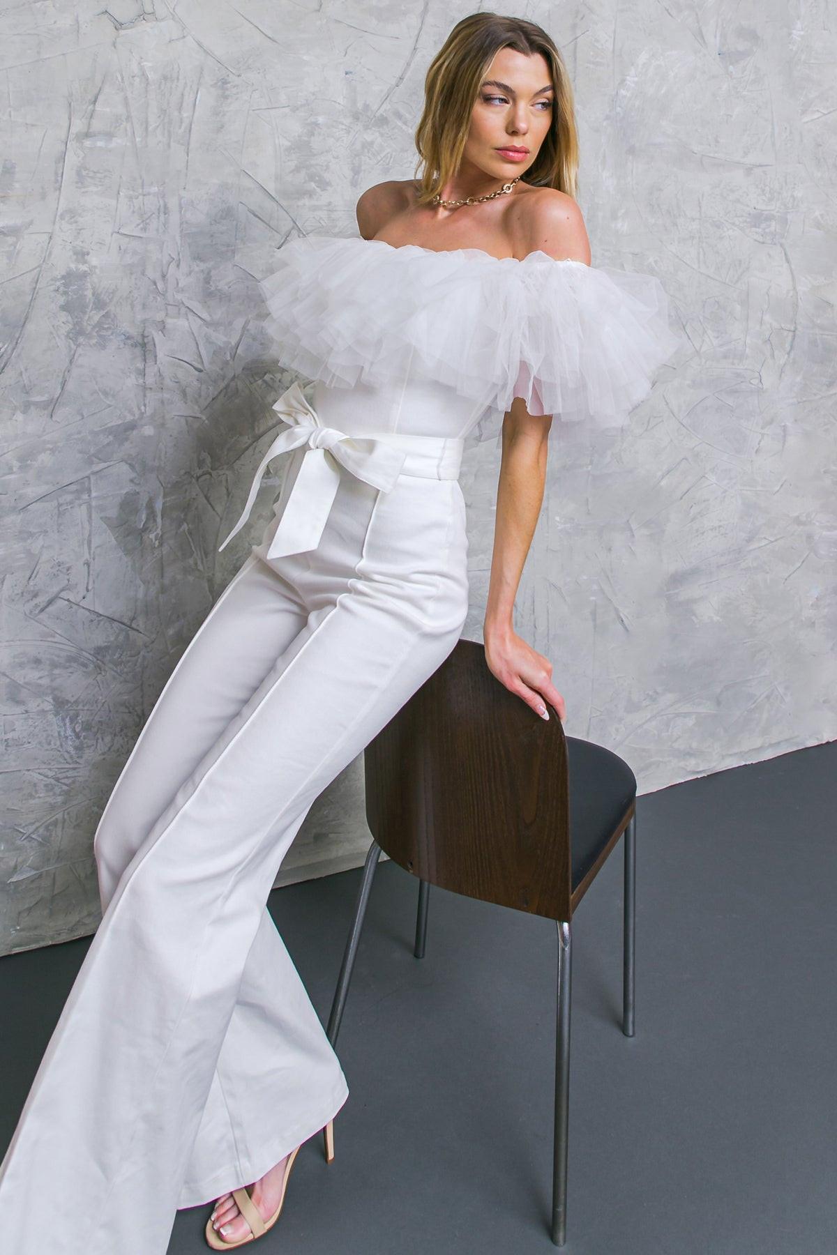 A Power Mood White Denim Jumpsuit