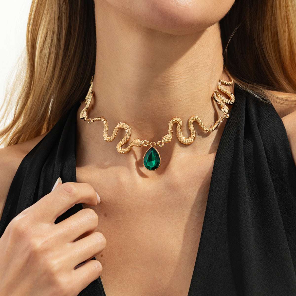 Crystal & Goldtone Textured Snake Drop Choker