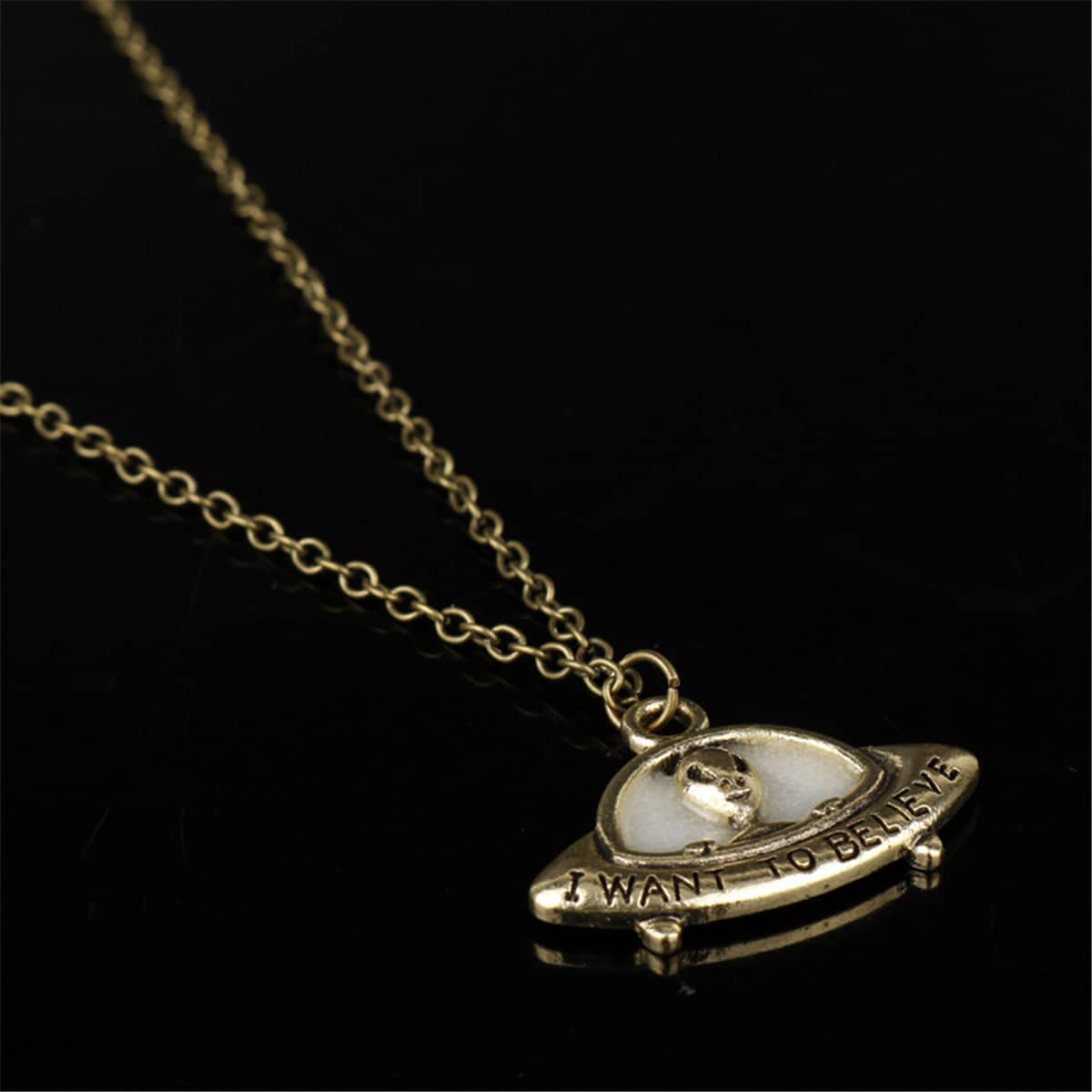 Enamel & Goldtone 'I Want to Believe' Alien UFO Pendant Necklace