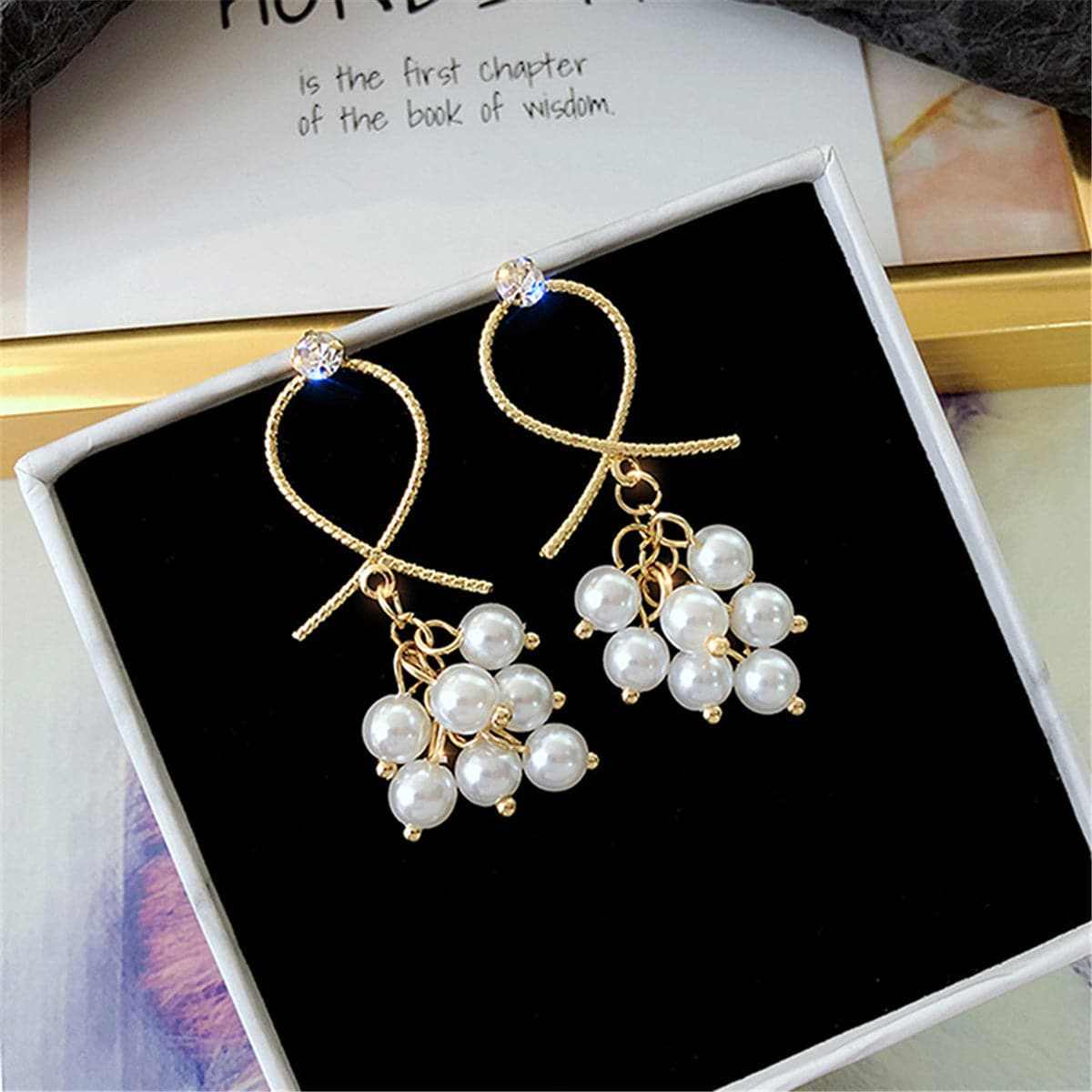 Pearl & Cubic Zirconia Goldtone Grape Drop Earrings