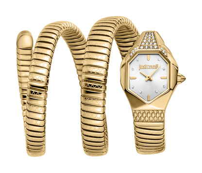 JUST CAVALLI Womens's Snake Watch, Gold Color Case, Silver Dial, Gold Color Stainless Steel Bracelet JC1L370M0075
