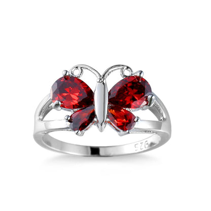 Red Crystal & Silvertone Butterfly Ring-3