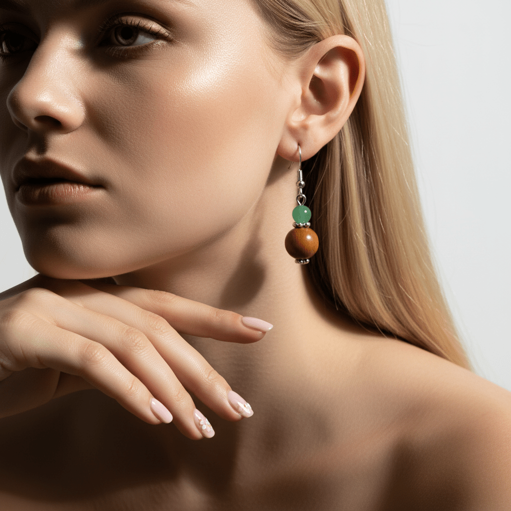 Green Jade & Brown Wood Silvertone ‌Gourd-Shape Hook Earrings
