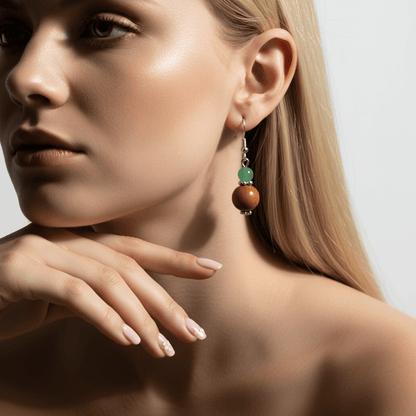 Green Jade & Brown Wood Silvertone ‌Gourd-Shape Hook Earrings