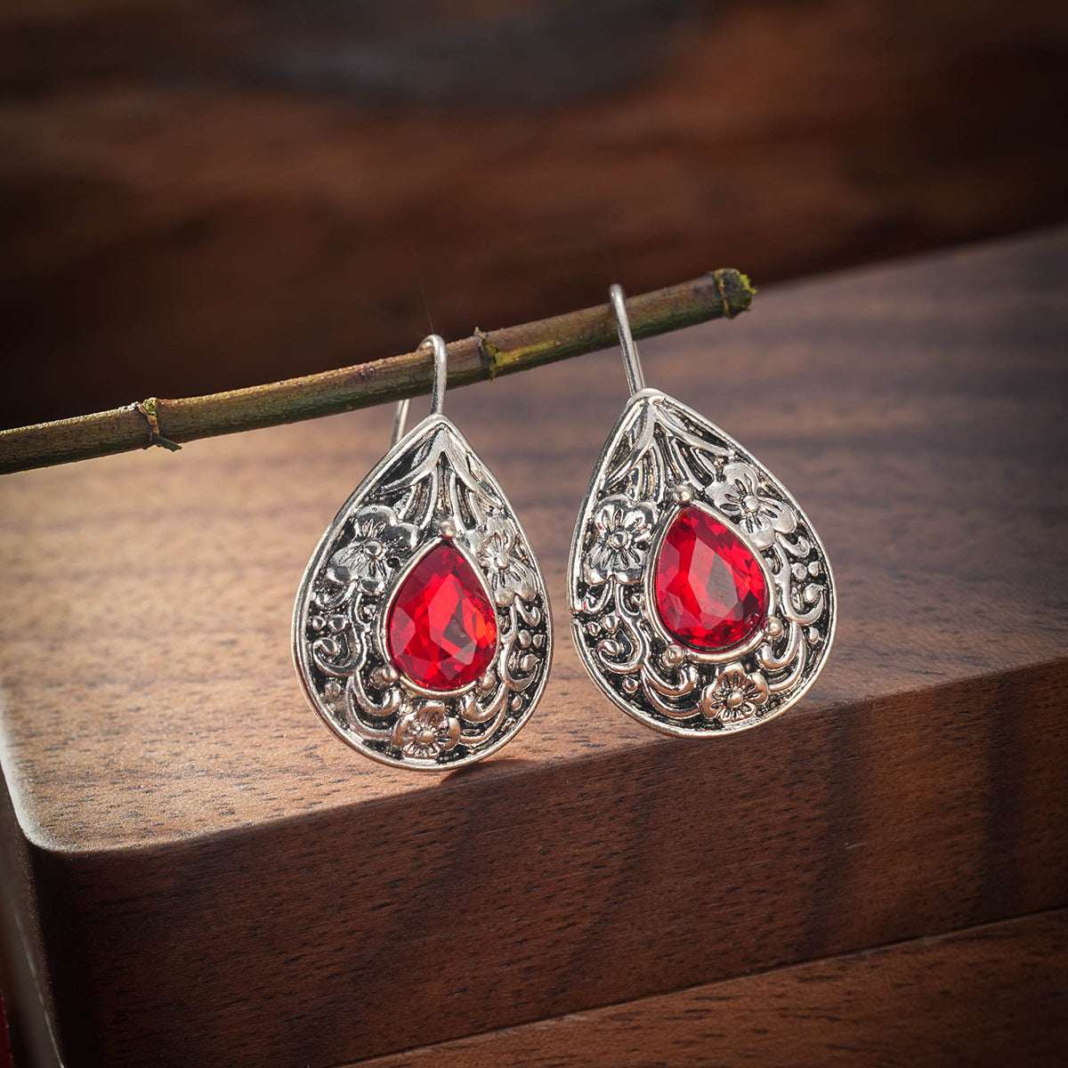 Red Crystal & Silvertone Flower Drop Earrings