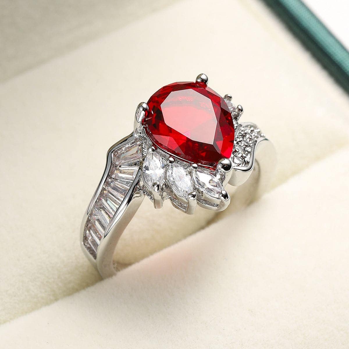 Red Crystal & Cubic Zirconia Pear Asymmetrical Ring