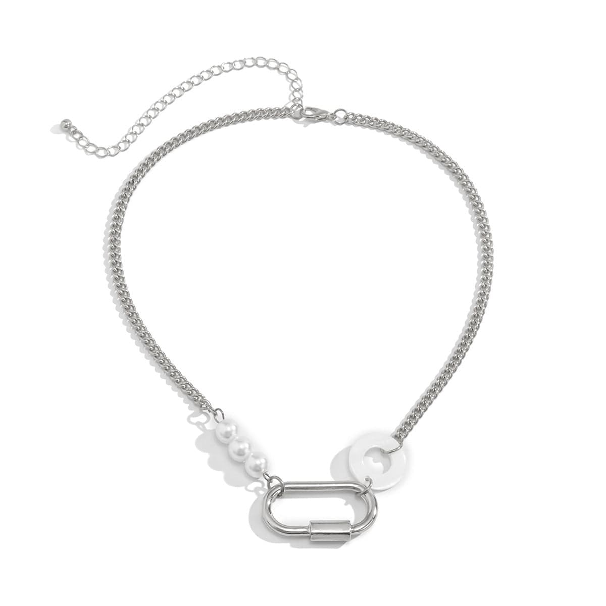 Pearl & Acrylic Silvertone Carabiner Choker Necklace