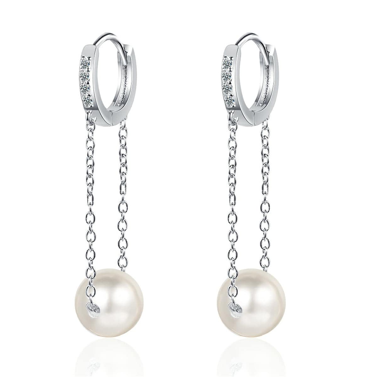 Cubic Zirconia & Pearl Silvertone Chain Drop Huggie Earrings