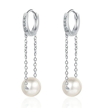 Cubic Zirconia & Pearl Silvertone Chain Drop Huggie Earrings