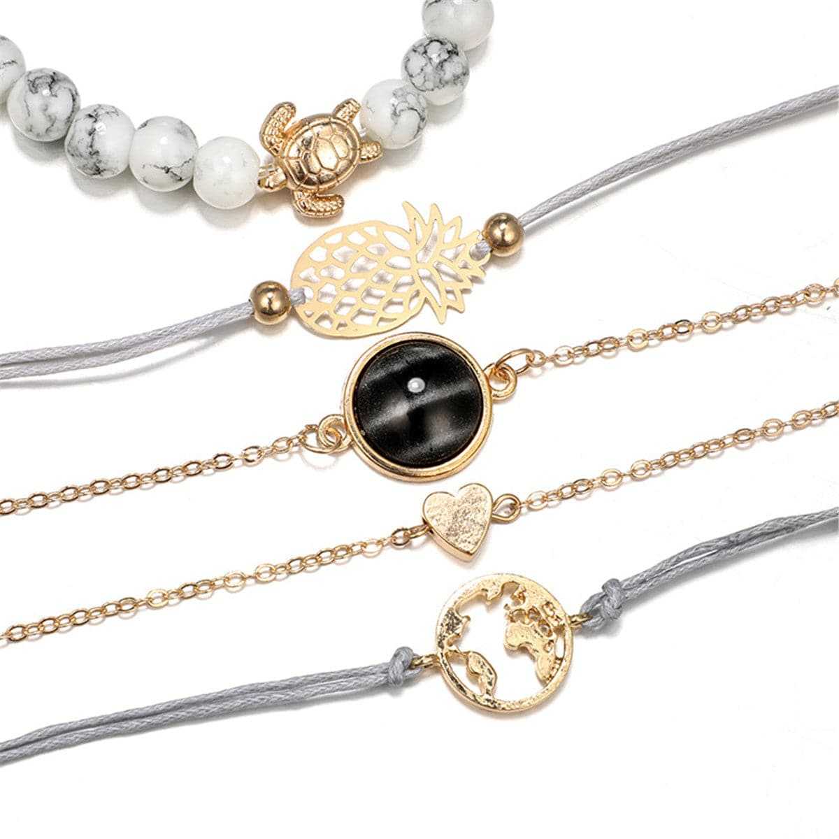 Gray Turquoise & Goldtone Pineapple Bracelet Set