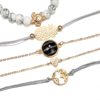 Gray Turquoise & Goldtone Pineapple Bracelet Set