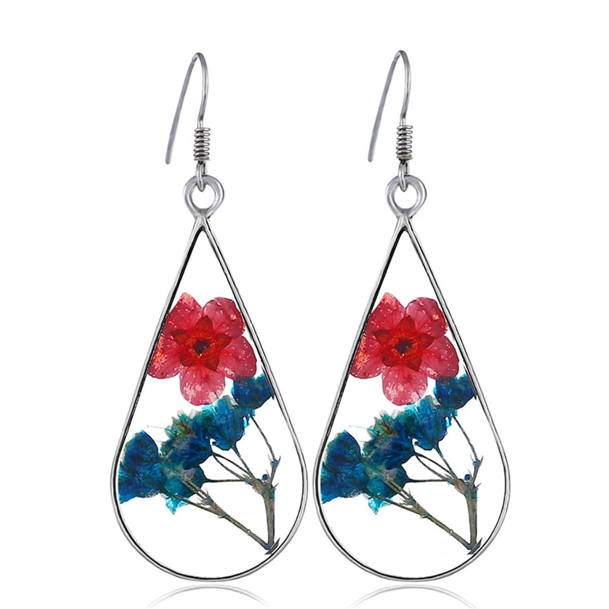 Red & Purple Peach Pressed Flower Silvertone Drop Earrings