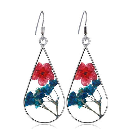 Red & Purple Peach Pressed Flower Silvertone Drop Earrings