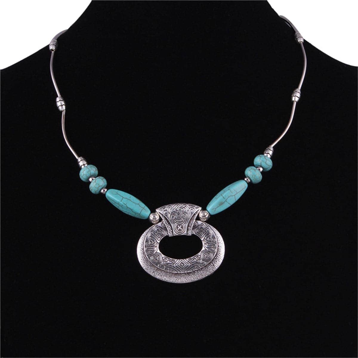 Turquoise & Silvertone Geometric Pendant Necklace