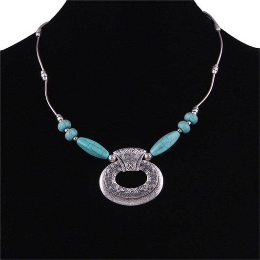Turquoise & Silvertone Geometric Pendant Necklace