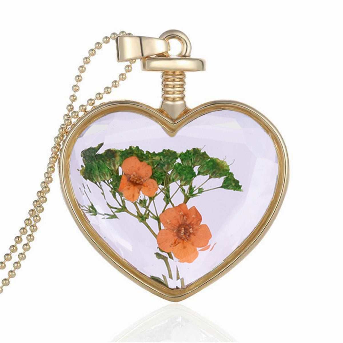 Peach Pressed Flower & Goldtone Heart Pendant Necklace