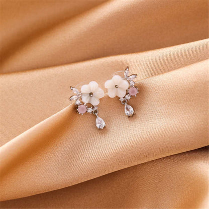 Cubic Zirconia & Pink Cat's Eye Flower Drop Earrings