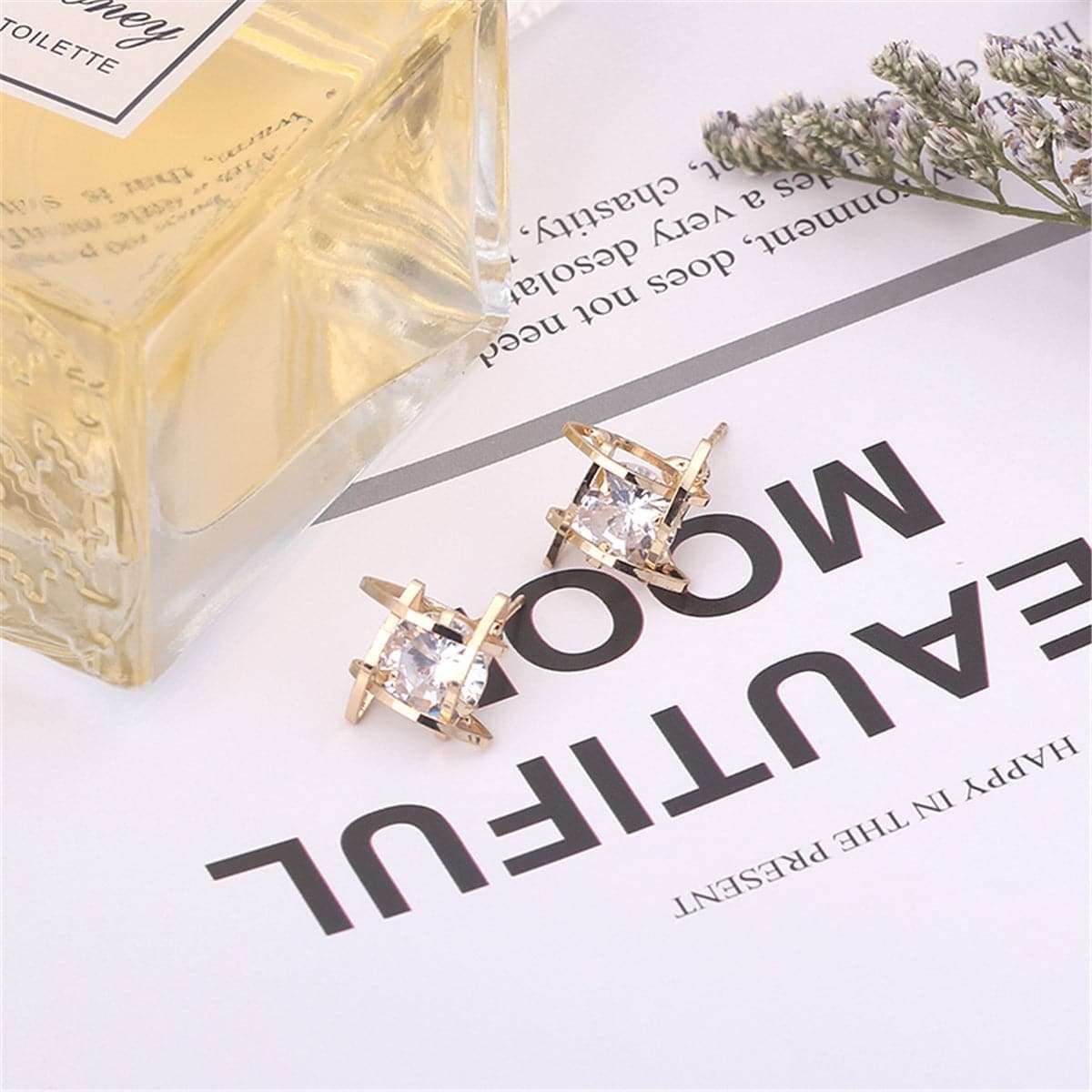 Crystal & Goldtone Caged Stud Earrings