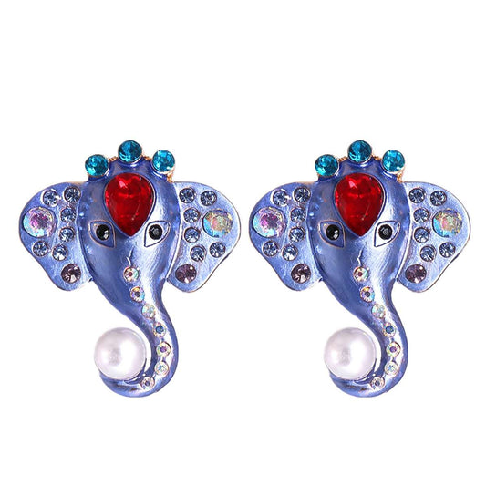 Purple Enamel & Crystal Pearl Goldtone Elephant Stud Earrings