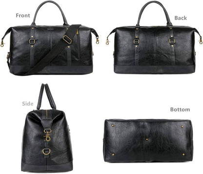 Men's black leather overnight travel duffel bag with gold hardware by FR Fashion Co.