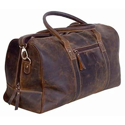 Men's vintage distressed brown buffalo leather duffle bag with zip pocket by FR Fashion Co.