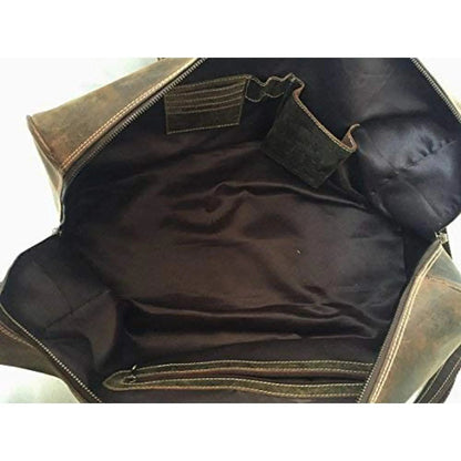 Men's vintage brown distressed leather duffle bag interior with card slots and zip pocket