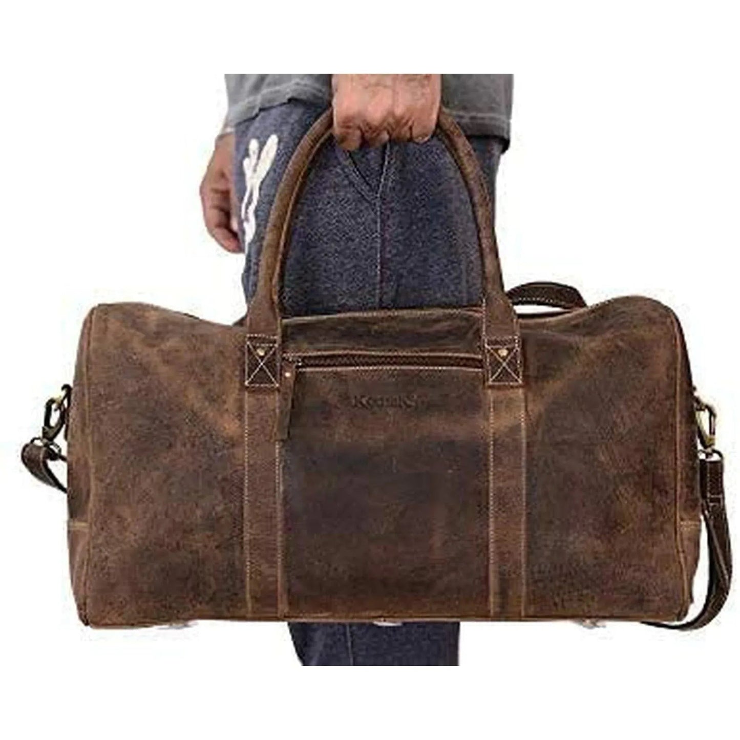 Men's vintage brown buffalo leather duffle bag with top handles and front zipper pocket