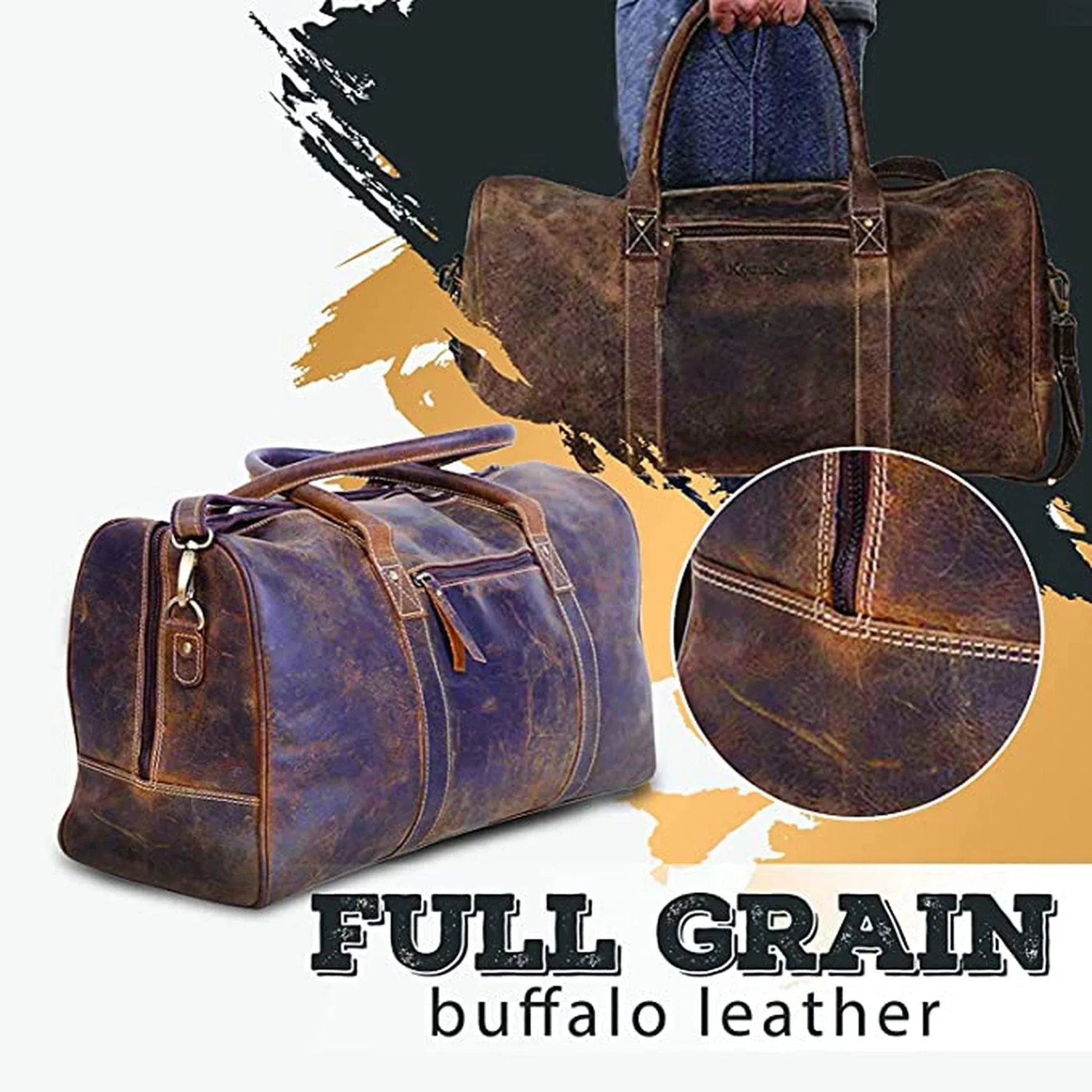 Men's vintage brown buffalo leather duffle bag with double handles and exterior zipper by FR Fashion Co.