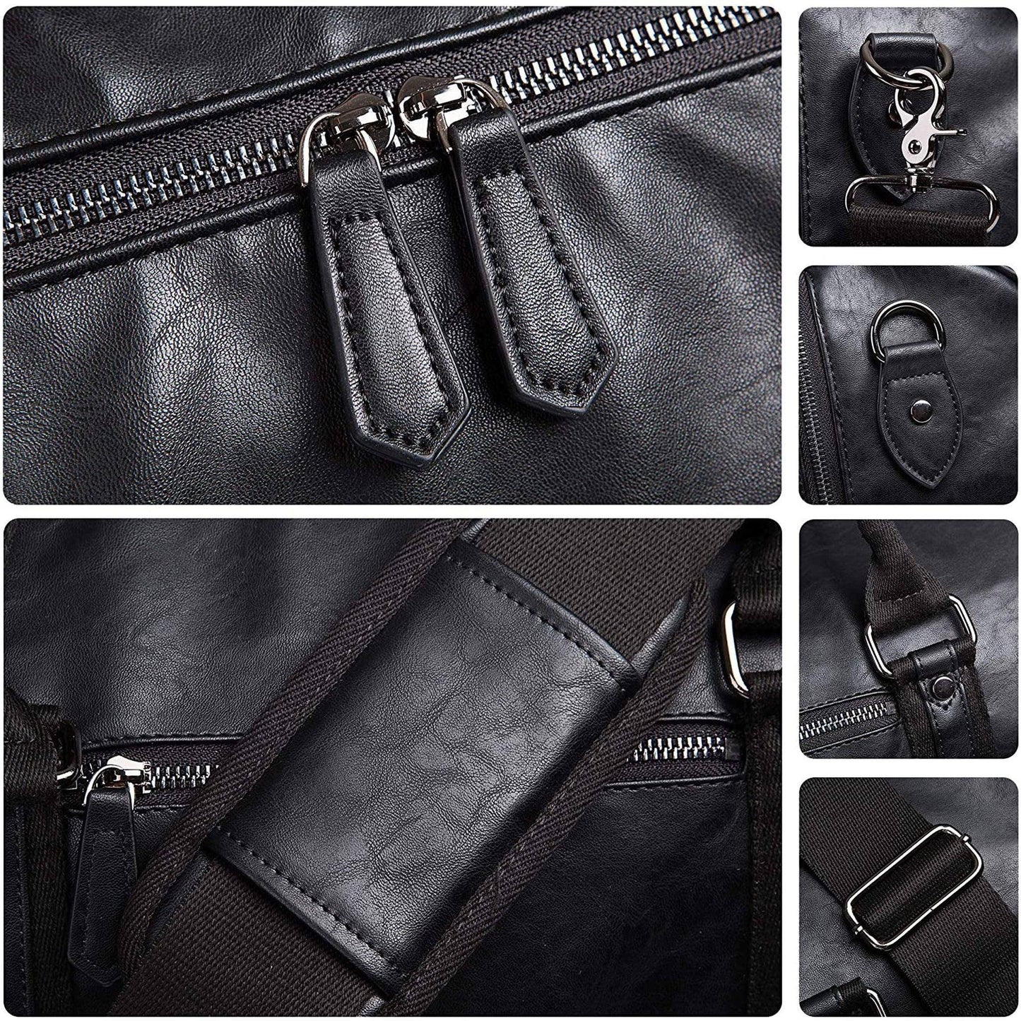 Men's black leather duffle bag with silver hardware and adjustable shoulder strap by FR Fashion Co.