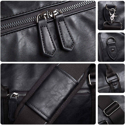 Men's black leather duffle bag with silver hardware and adjustable shoulder strap by FR Fashion Co.