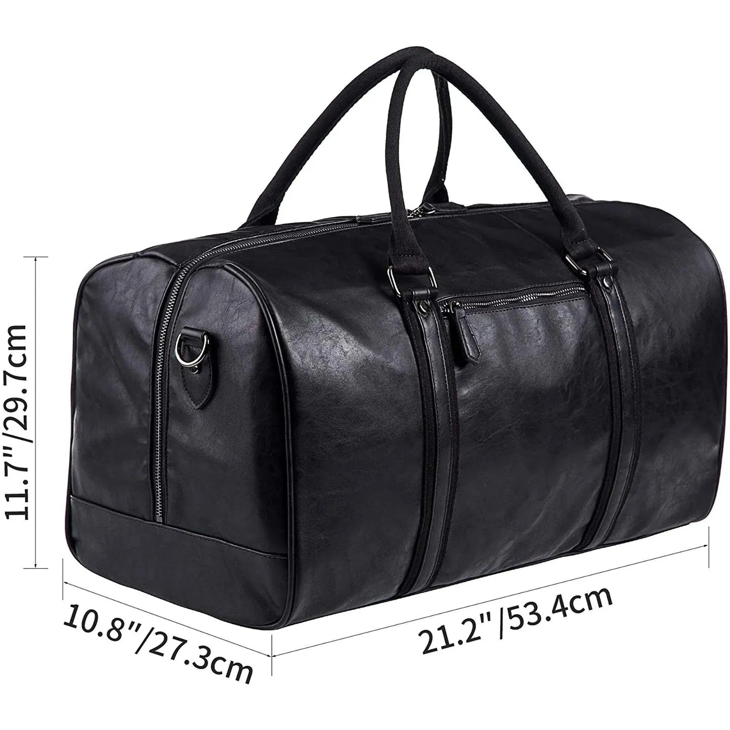 Men's black leather duffel bag with top handles, silver hardware, and front zipper by FR Fashion Co.