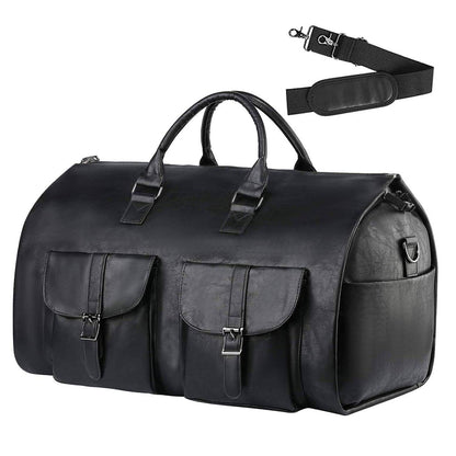 Men's black leather duffel bag with front pockets and detachable shoulder strap by FR Fashion Co.