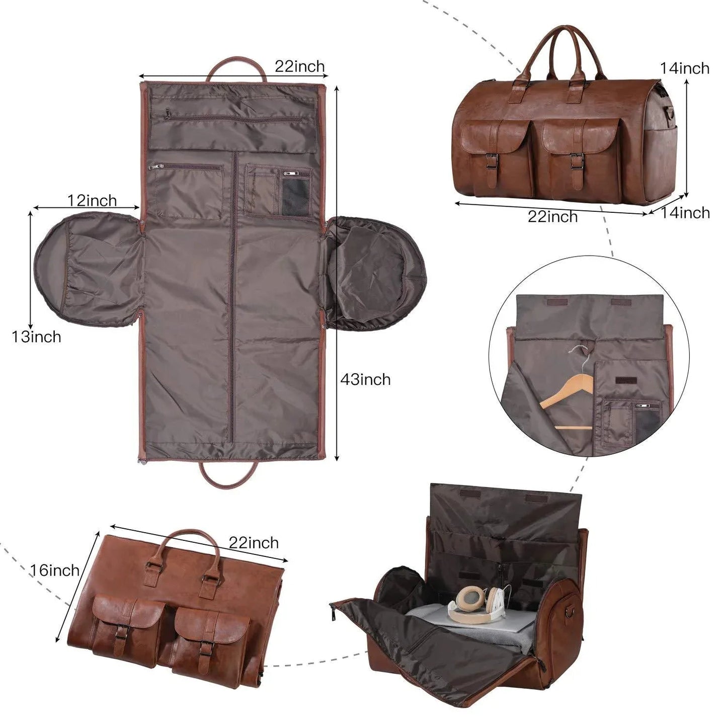 Men's classic brown leather duffel bag with dual front pockets by FR Fashion Co, garment travel style