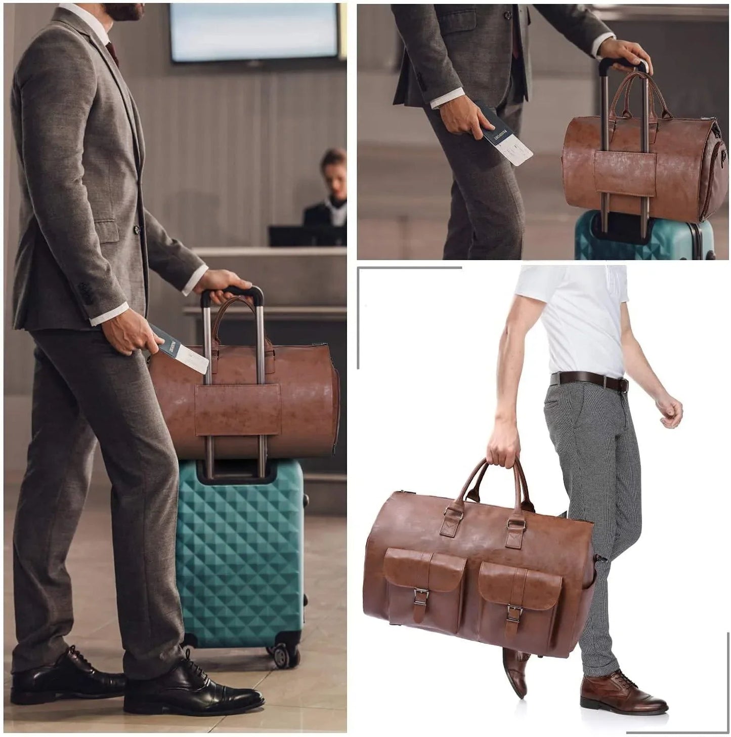 Men's brown leather duffel bag with front pockets and top handles by FR Fashion Co.