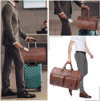 Men's brown leather duffel bag with front pockets and top handles by FR Fashion Co.