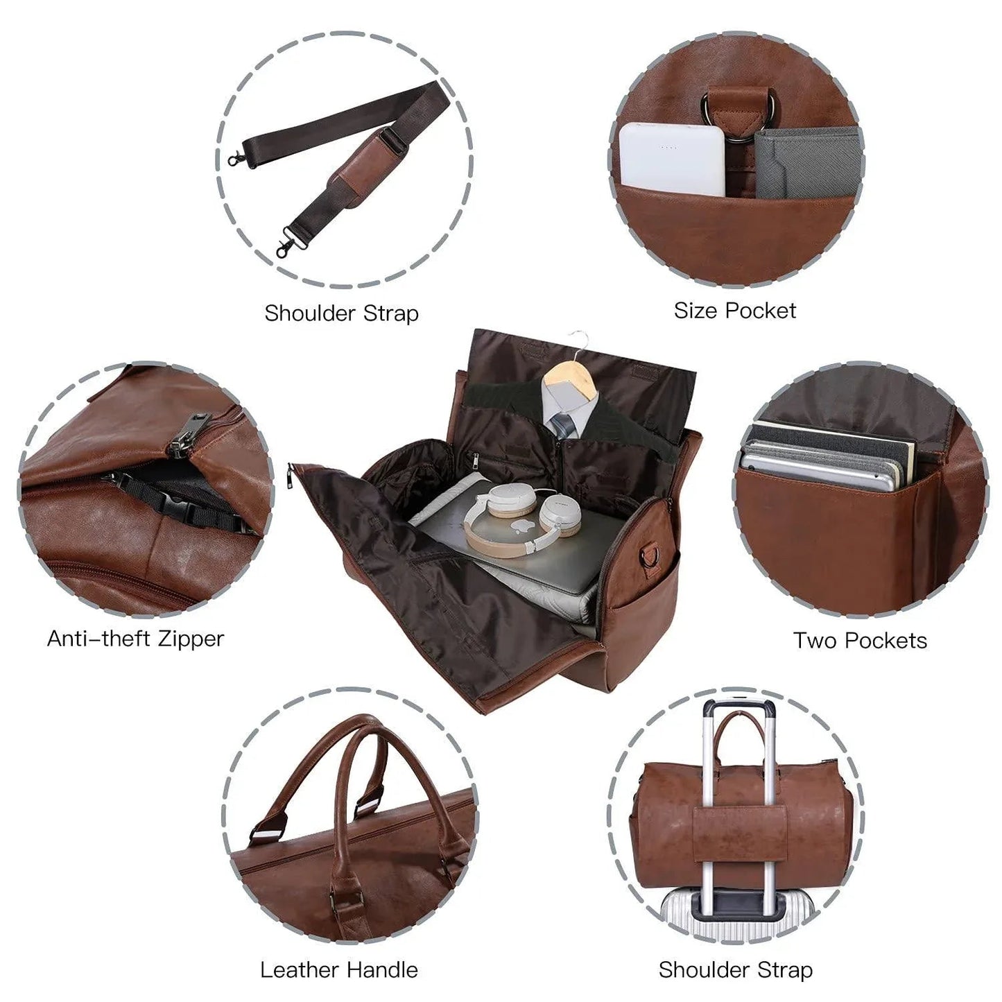 Men's brown leather duffel bag with anti-theft zipper, size pockets, and shoulder strap by FR Fashion Co.