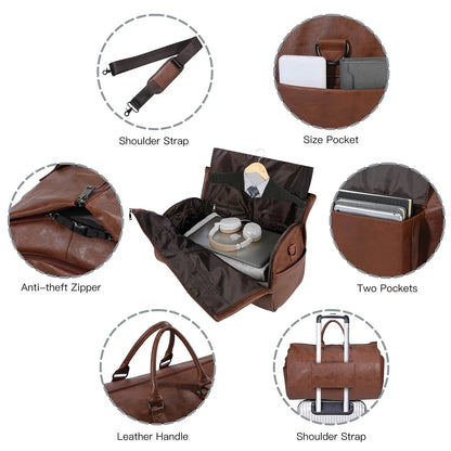 Men's brown leather duffel bag with anti-theft zipper, size pockets, and shoulder strap by FR Fashion Co.