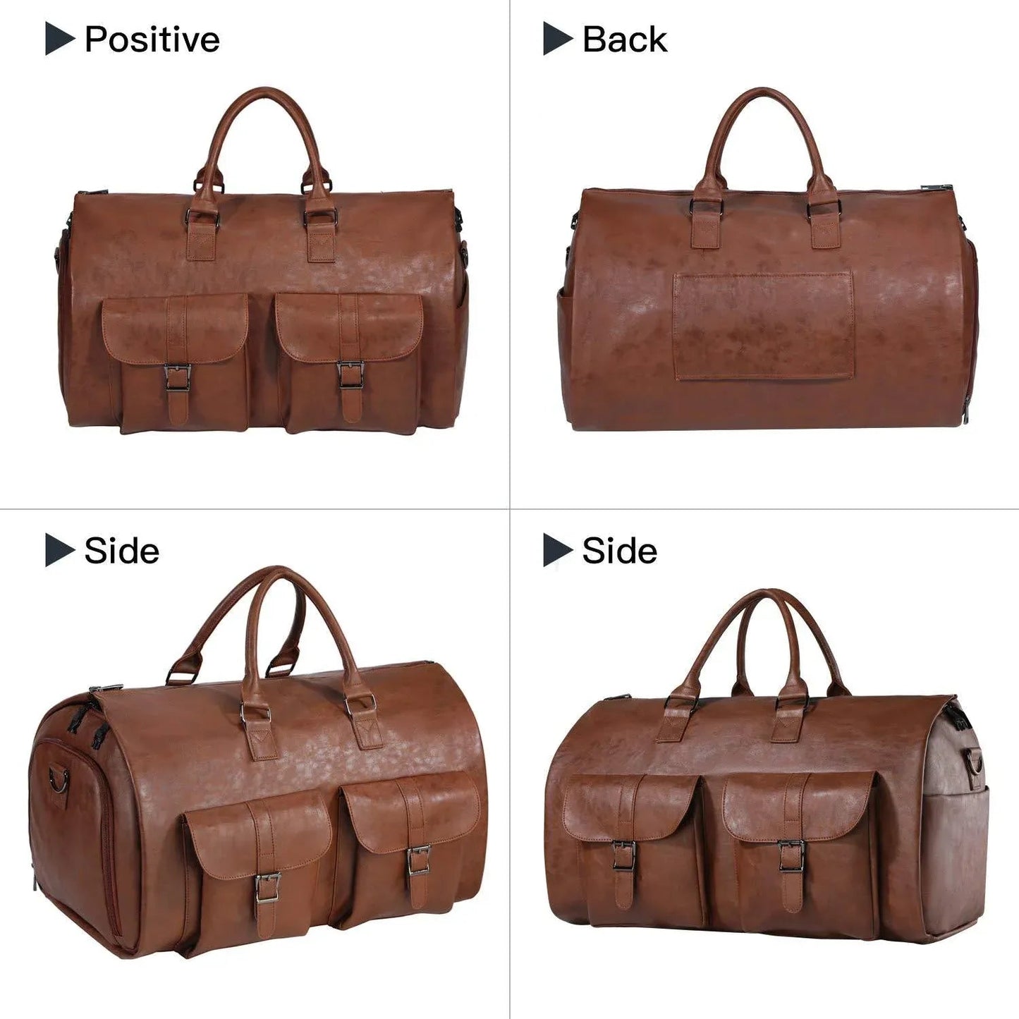 Men's brown leather duffel bag with dual front pockets and top handles by FR Fashion Co.