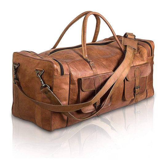 Men's tan grain leather duffel bag with front pockets and adjustable strap by FR Fashion Co.