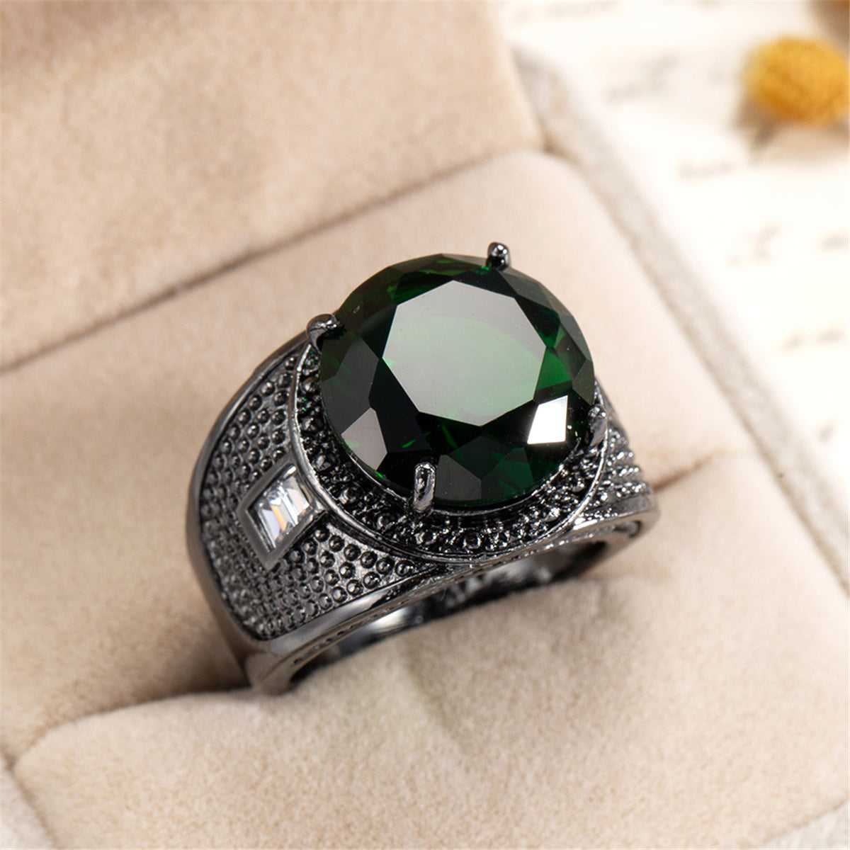 Green Crystal & Blacktone Wide Ring