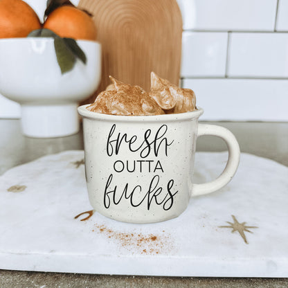Fresh Outta Fucks mug
Funny coffee mug with curse word
Sassy coffee mug for adults
14oz ceramic mug with attitude
Double-sided funny mug
Dishwasher safe sassy mug
Microwave safe bold mug
Unique gag gift mug
Fresh Outta Fucks coffee cup