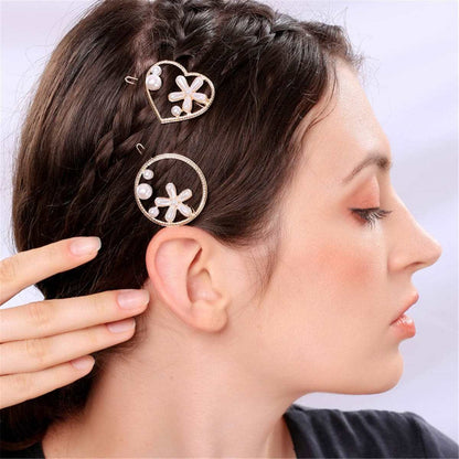 Pearl & Goldtone Flower Heart Hair Clip Set